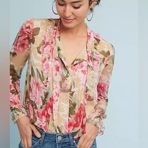 Anthropologie Ranna Gill Eden Tie Sequin Beaded Floral Button Down Blouse Large